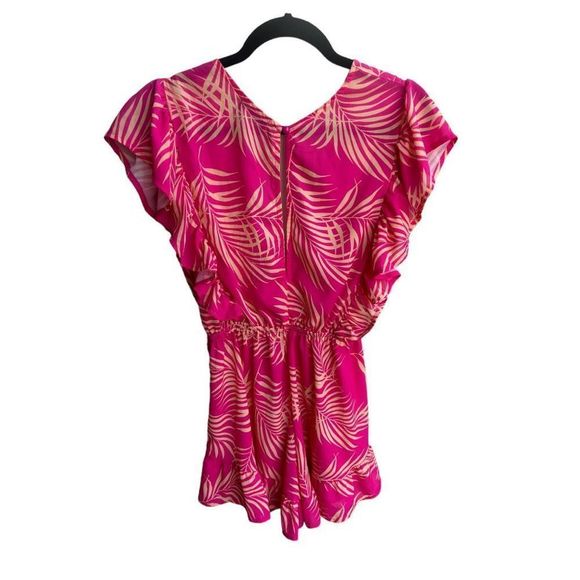 Women’s Pink Palm Leaf Print Deep V-Neck Flutter Sleeve Romper- Size Small - Picture 7 of 16